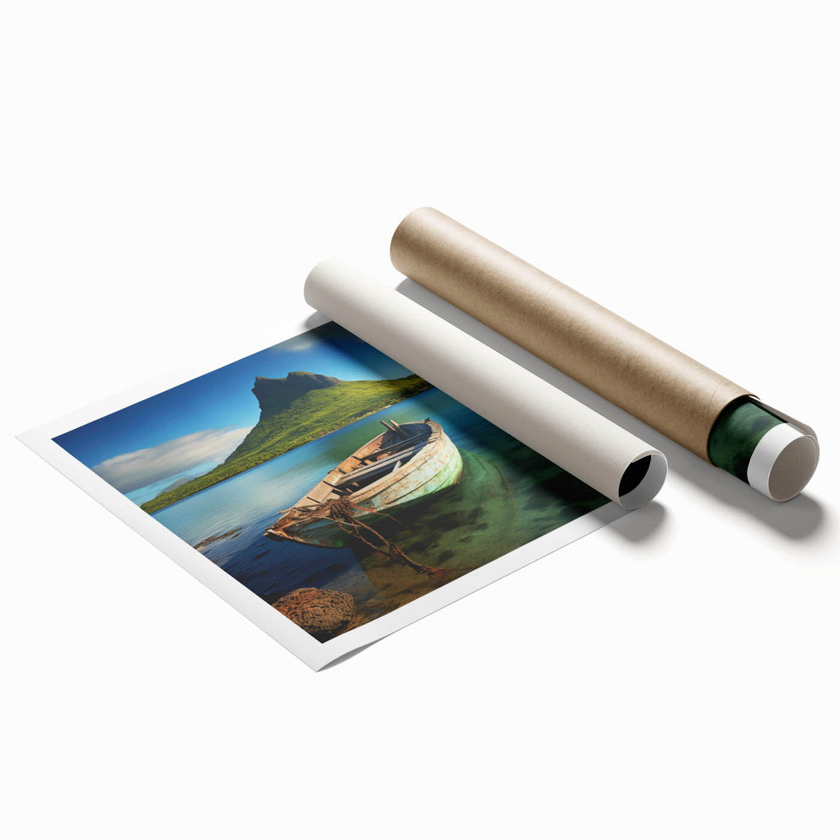 Extra large rolled print of Mauritius landscape with lush greenery and floral elements.