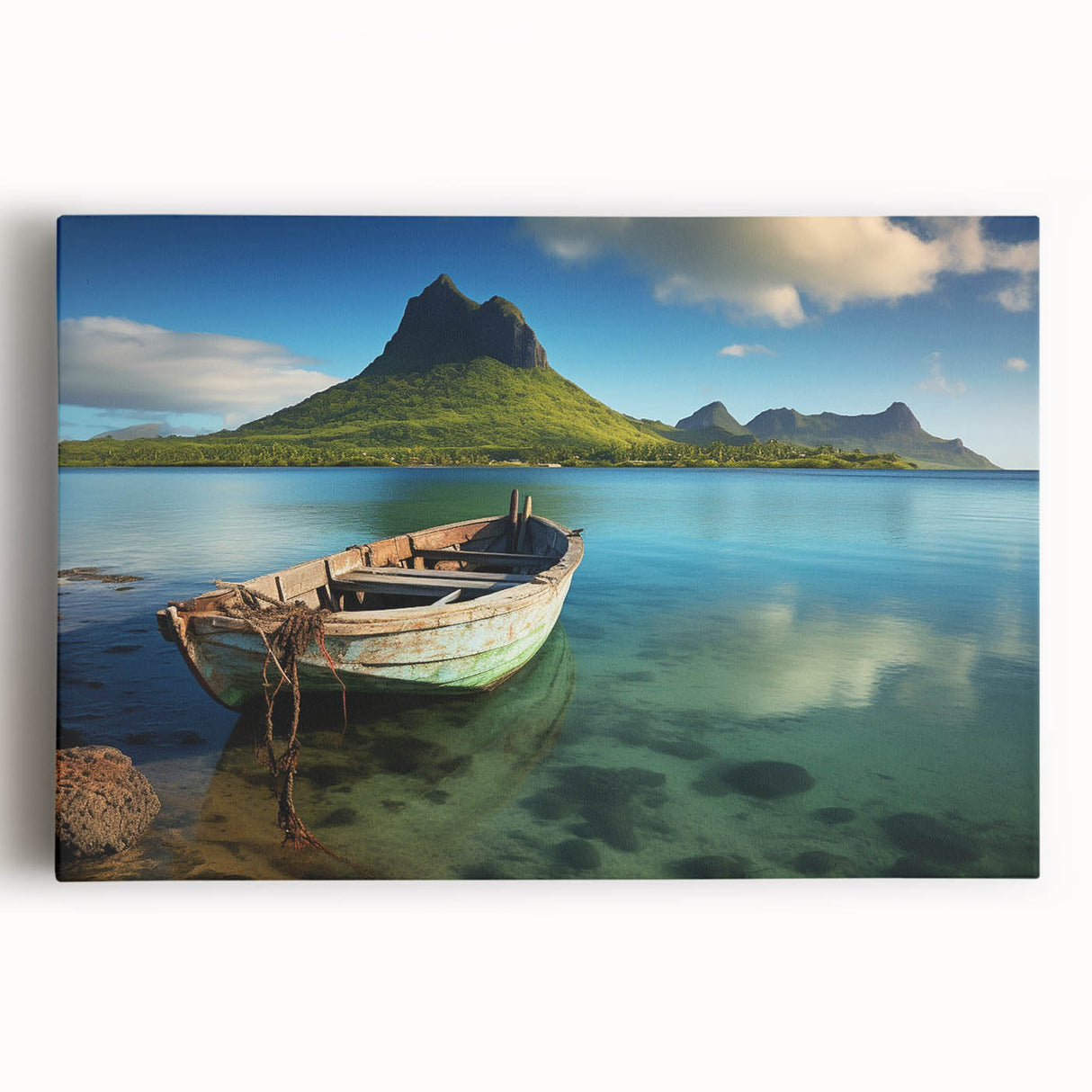 Large black and white stretched canvas of a Mauritius landscape, ideal for kitchen wall art.