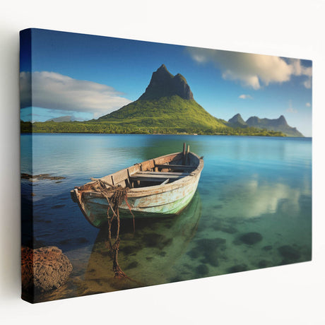 Large canvas print of a tranquil Mauritius beach scene in soft blue and sandy tones, suitable for kitchen wall art.