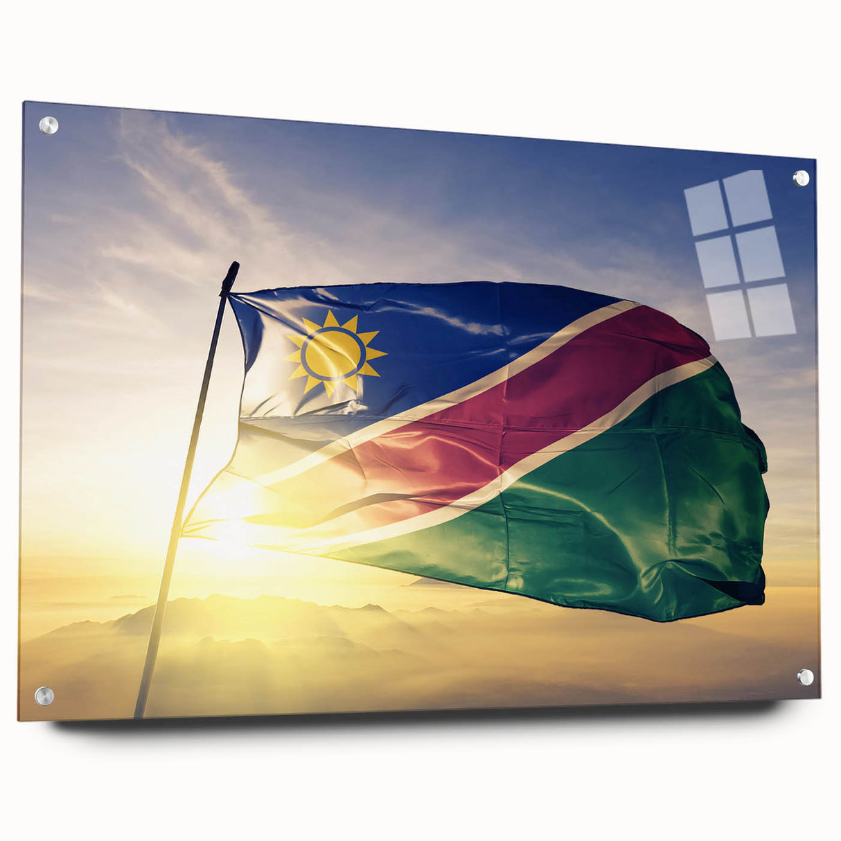 Large abstract wall art depicting African scenery in Namibia on acrylic glass, in mid-century modernist style.