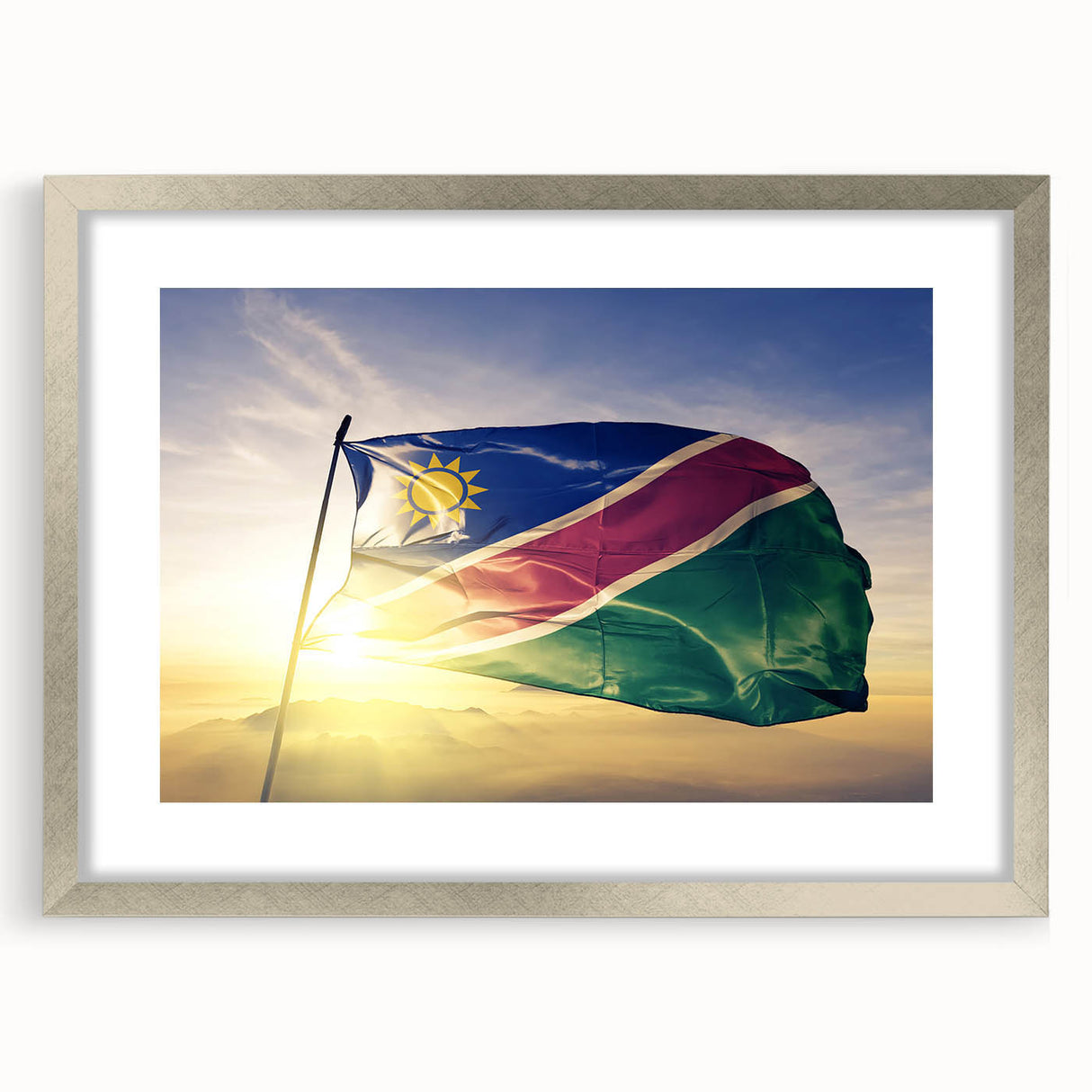 Extra large abstract art print of an African scenery in muted earth tones, framed in silver, ideal for living room decor.