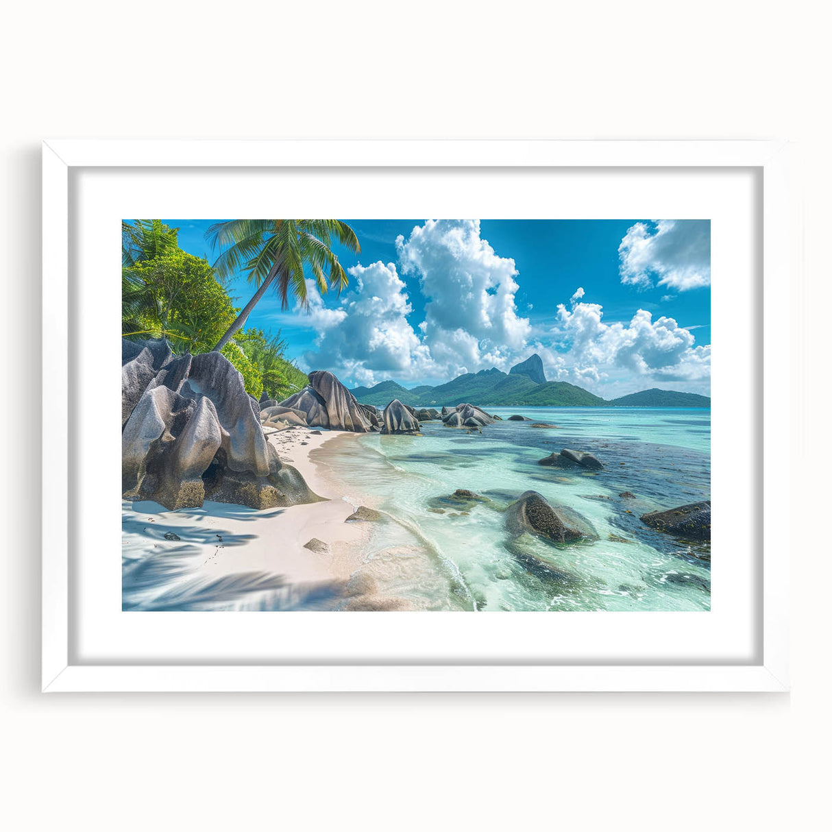 Textured abstract art print of Seychelles scenery in muted blue and green tones, framed with a white mat.