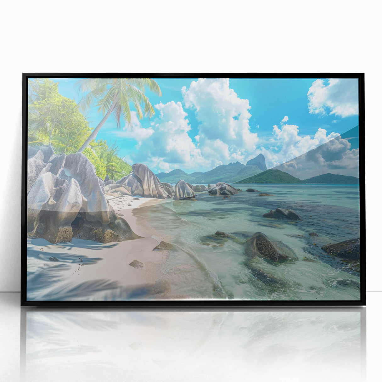 Large abstract wall art depicting a serene Seychelles landscape in muted blue and green tones, framed in black acrylic.