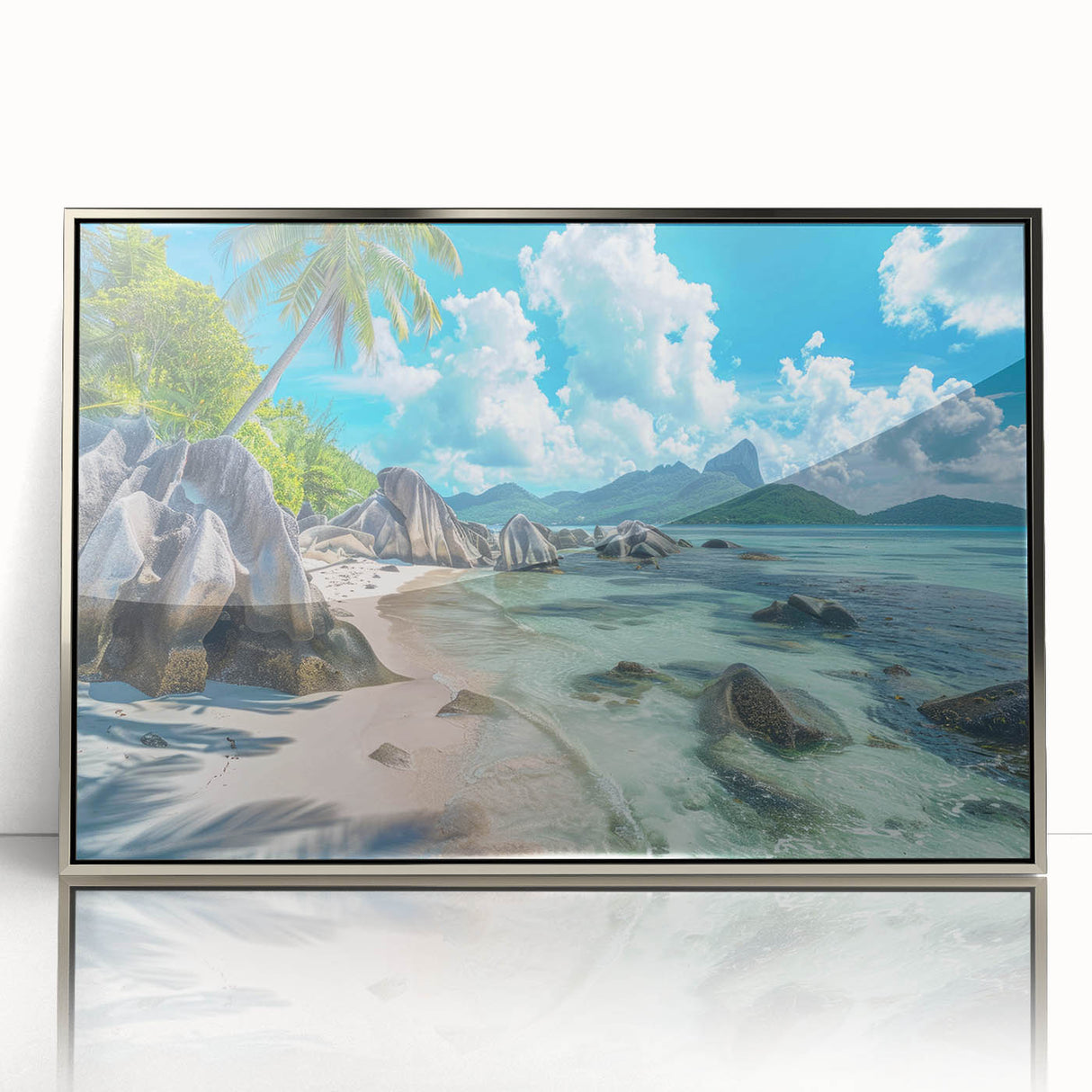 Framed acrylic print of a Seychelles landscape with silver frame, featuring mid-century modernist style.
