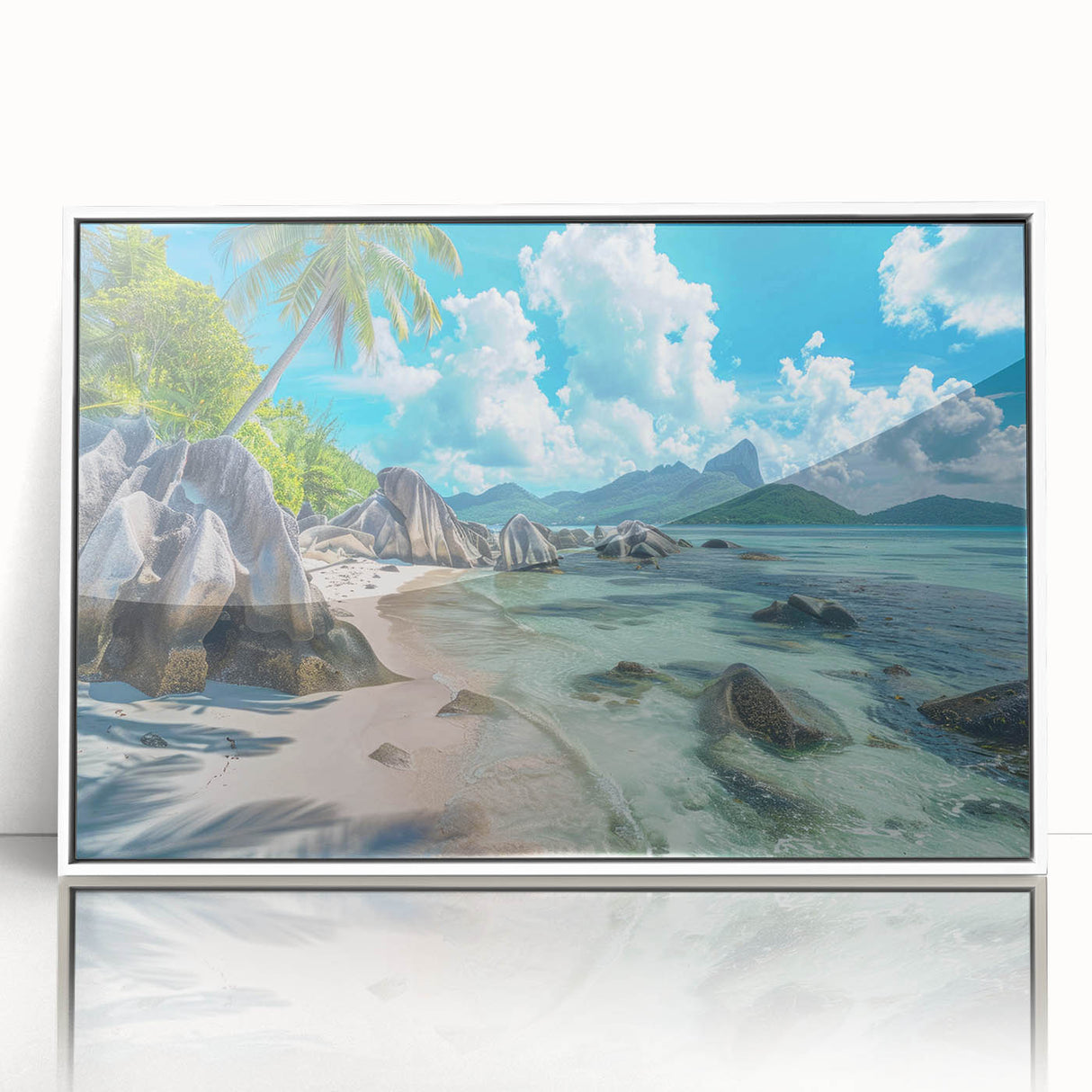 Mid-century modernist art depicting Seychelles scenery in acrylic, framed in white, suitable for nursery wall art.