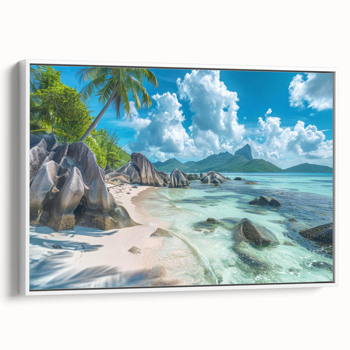 Vintage poster art of Seychelles scenery on framed canvas, featuring a black and colorful palette.