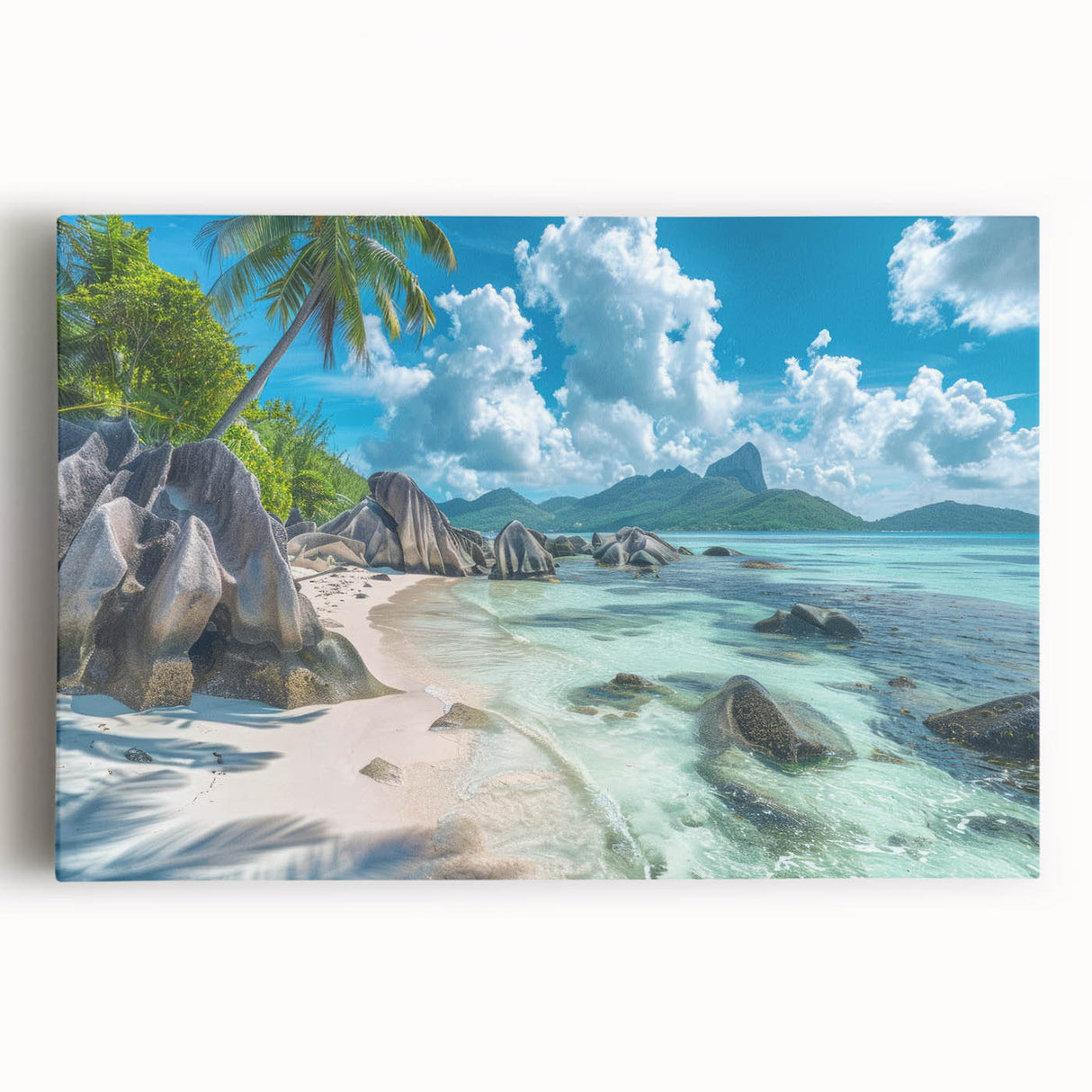Black and white photograph of Seychelles scenery on stretched canvas, suitable for kitchen or bedroom wall art.