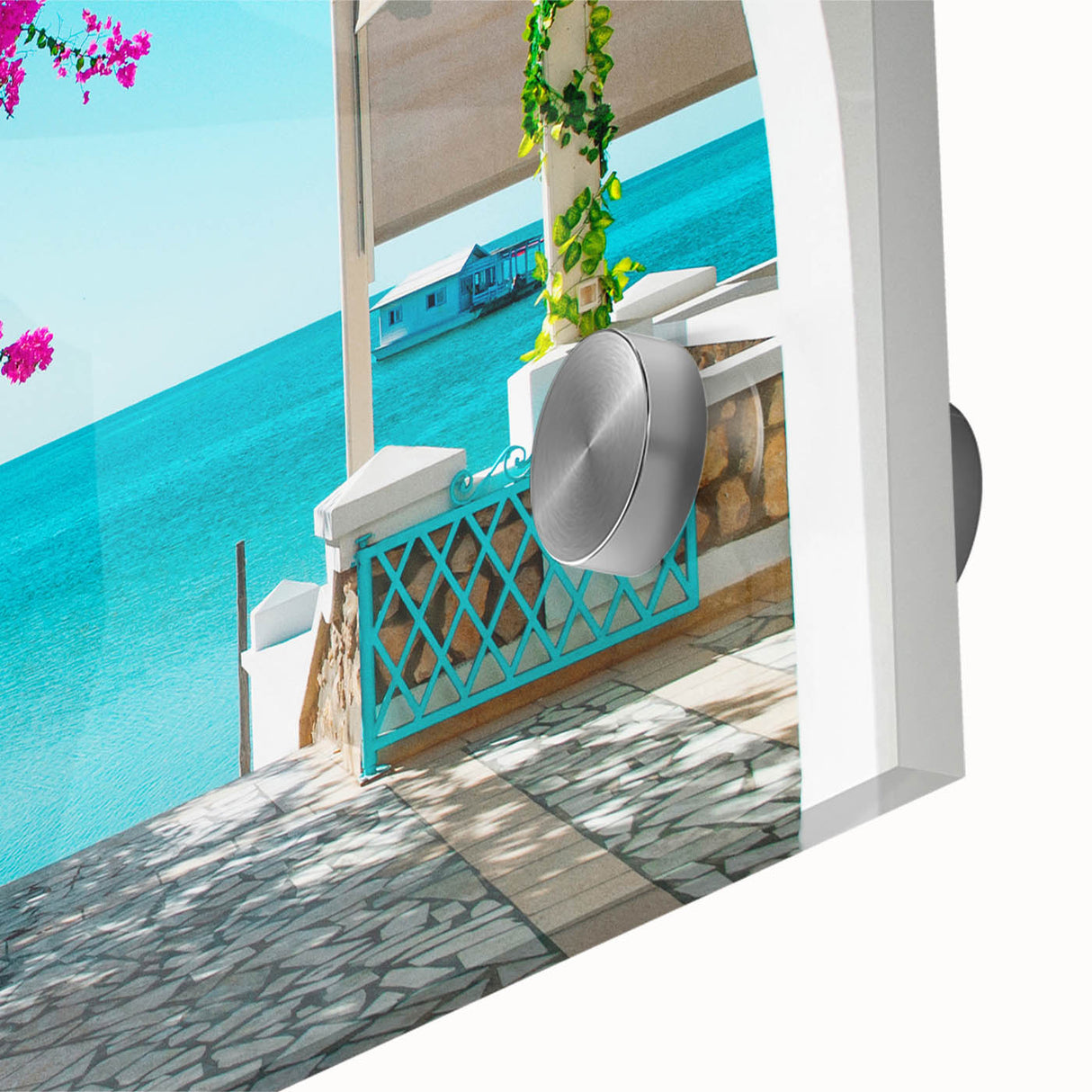 Large abstract wall art of Tunisian scenery in muted earth tones on acrylic glass, ideal for dining room ambiance.