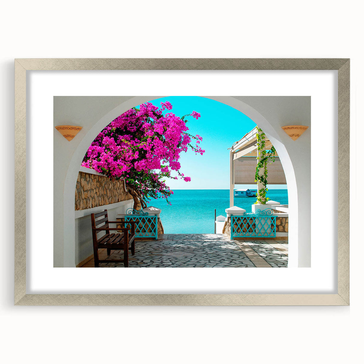 Textured abstract art print depicting a Tunisian landscape in earthy tones, framed in silver, ideal for bedroom decor.