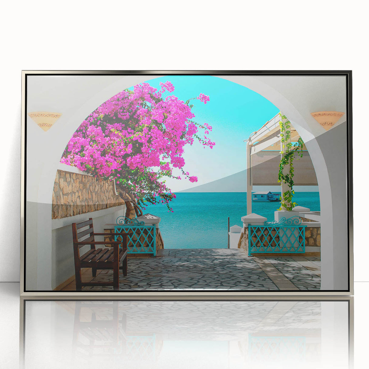 Mid-century modernist art depicting a Tunisian landscape in muted earth tones on a framed acrylic panel.