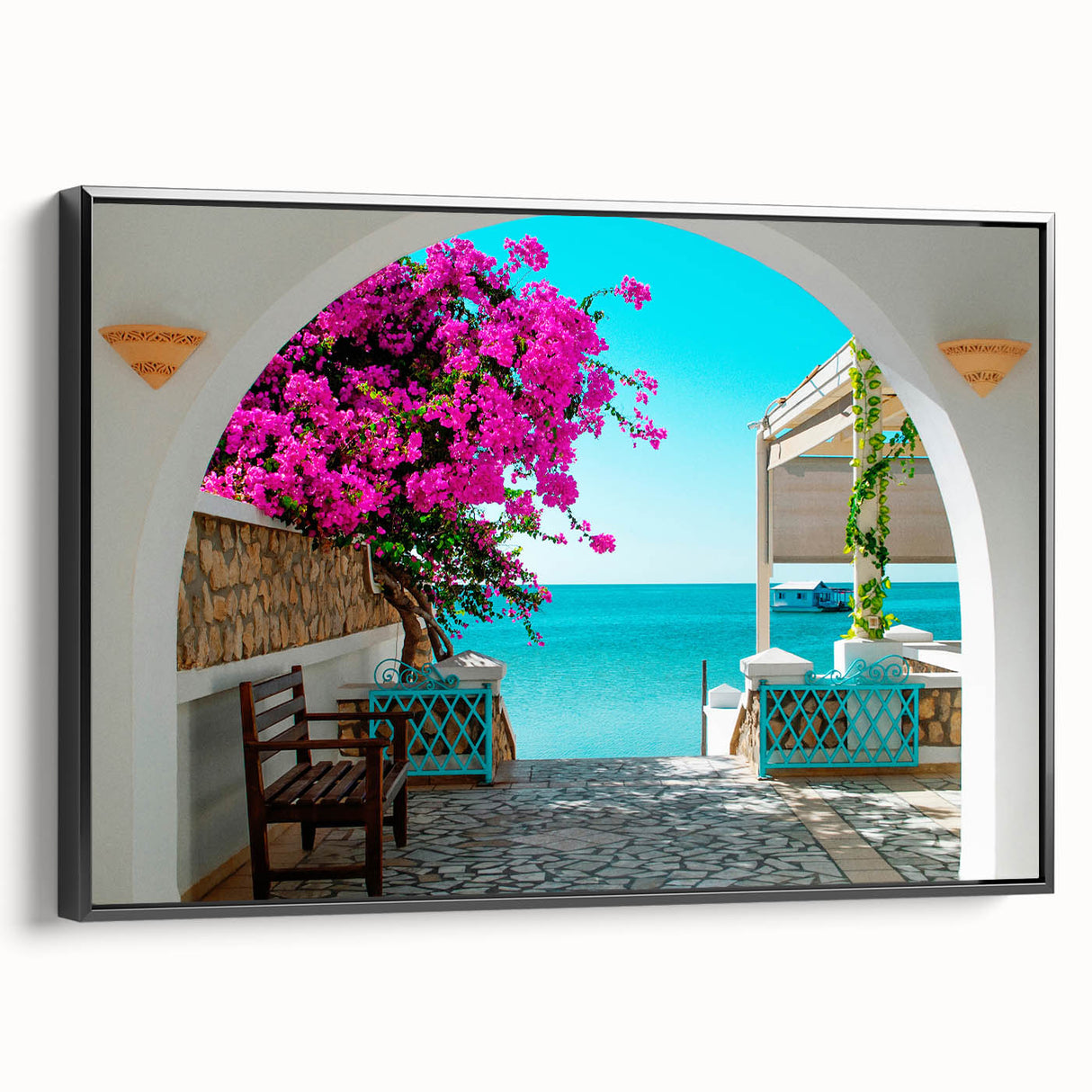 Black and white landscape art painting of Tunisia scenery on a framed canvas, ideal for bedroom wall decor.