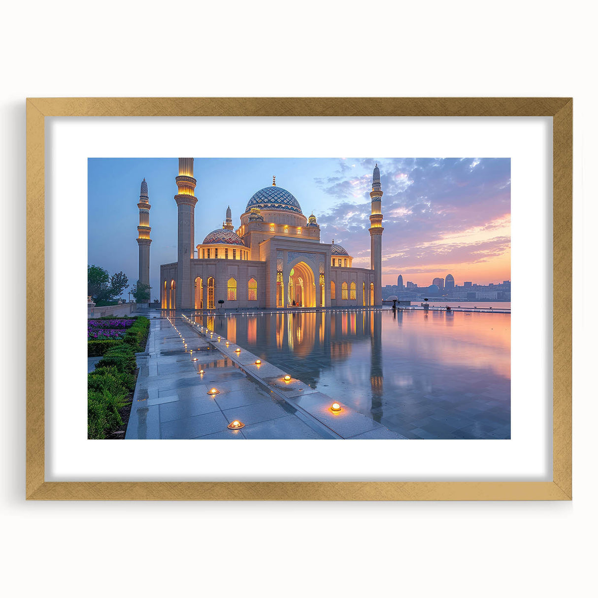 Extra large abstract art print featuring textured scenery of Azerbaijan in muted earth tones, framed in gold.