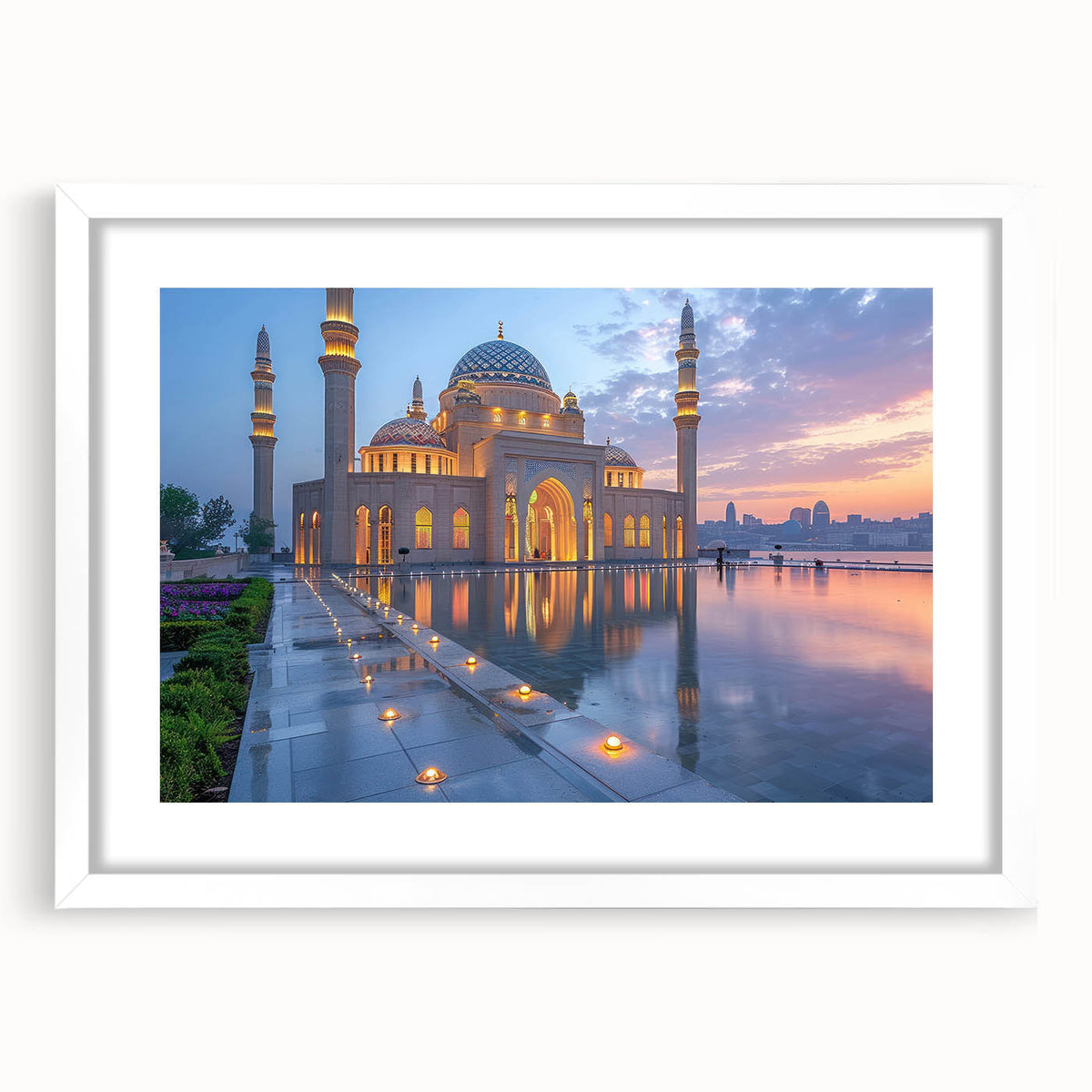 Abstract art print featuring a serene Asian landscape in muted greens and blues on a framed white mat.
