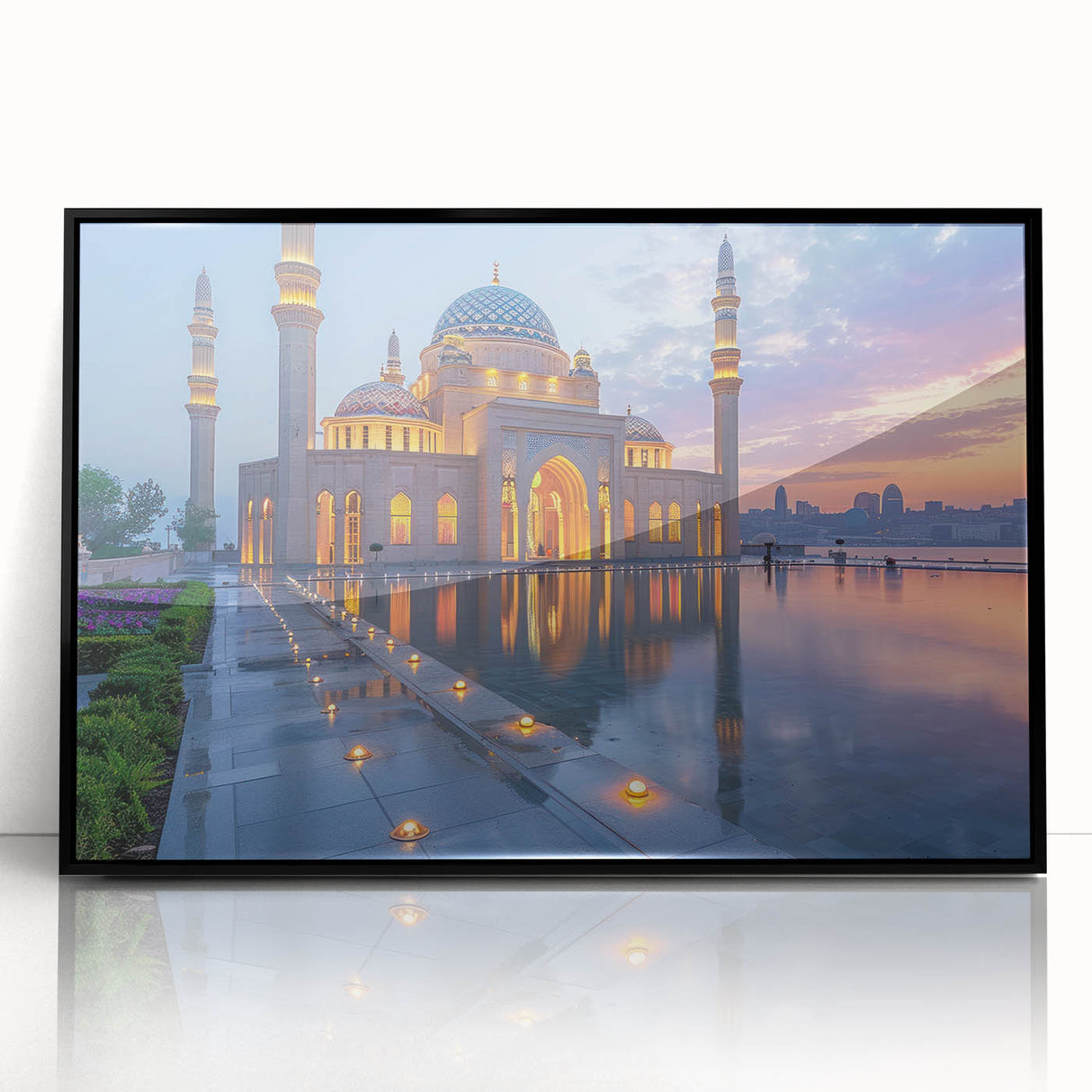 Large abstract wall art featuring a mid-century modernist design in muted gray and blue tones.