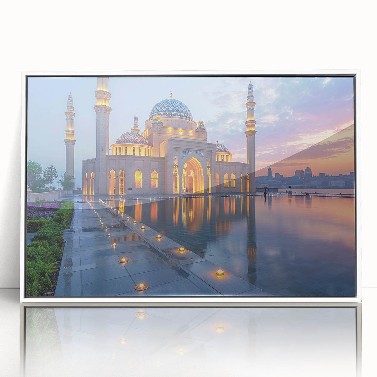 Acrylic print of a serene Azerbaijan landscape in pastel shades, framed in white, suitable for modern nursery decor.