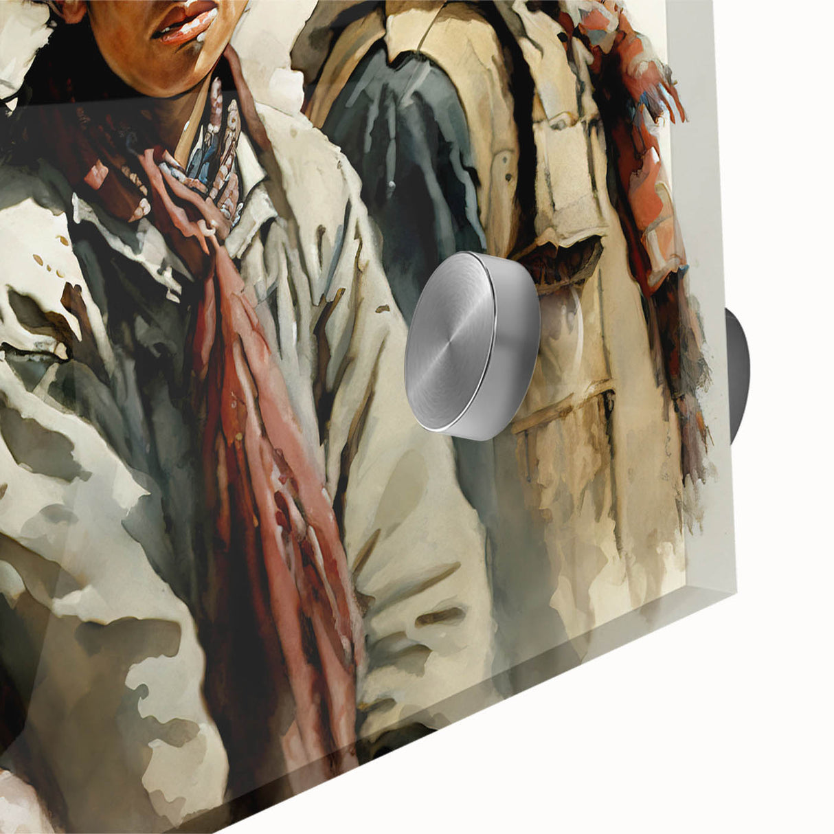 Large abstract depiction of Tibet scenery in muted earth tones on acrylic glass.