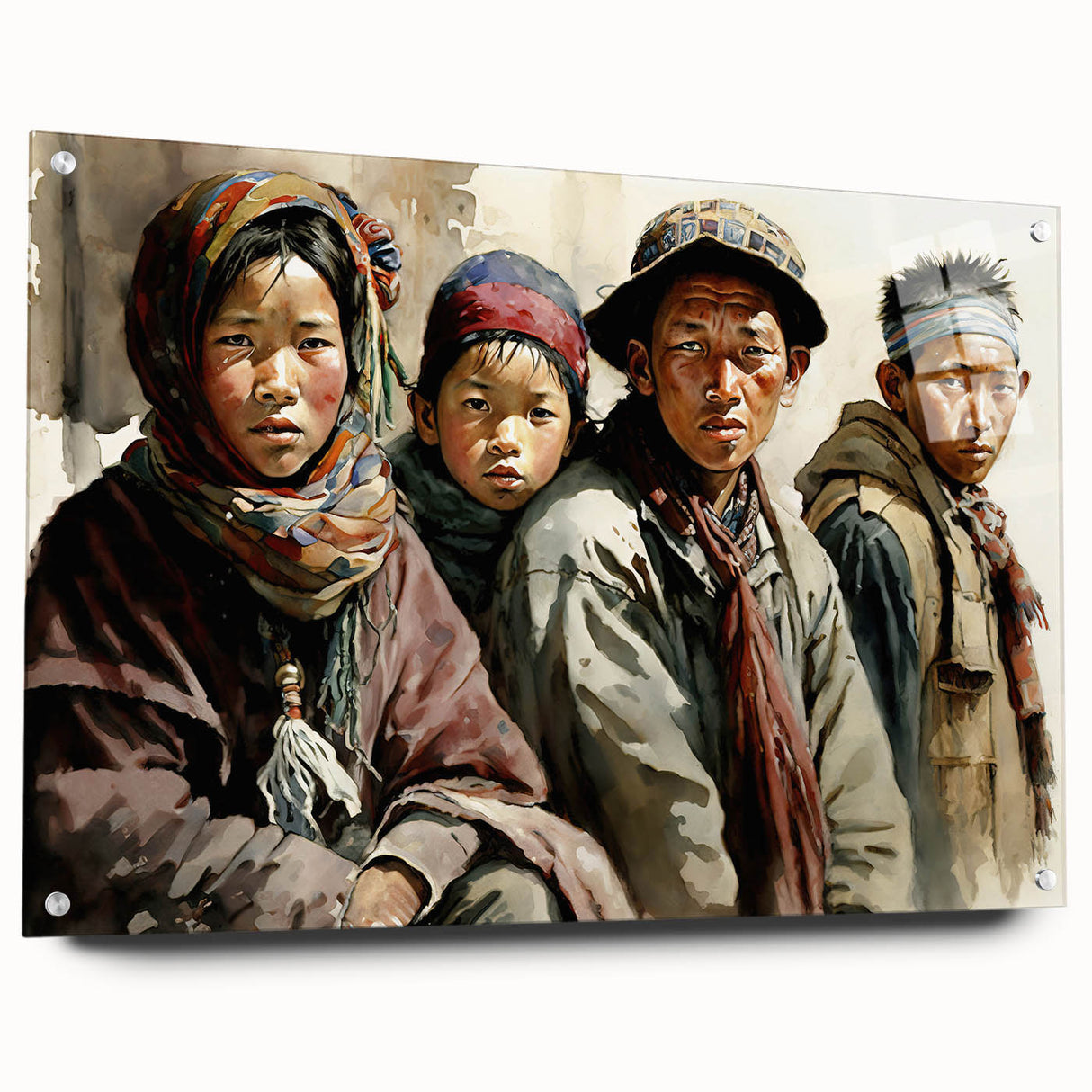 Large abstract wall art on acrylic glass depicting a serene Tibetan landscape in muted earth tones.