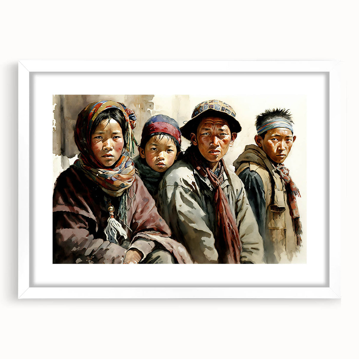 Abstract art print of Tibet scenery in muted earth tones on a framed white mat, suitable for bedroom or dining room decor.