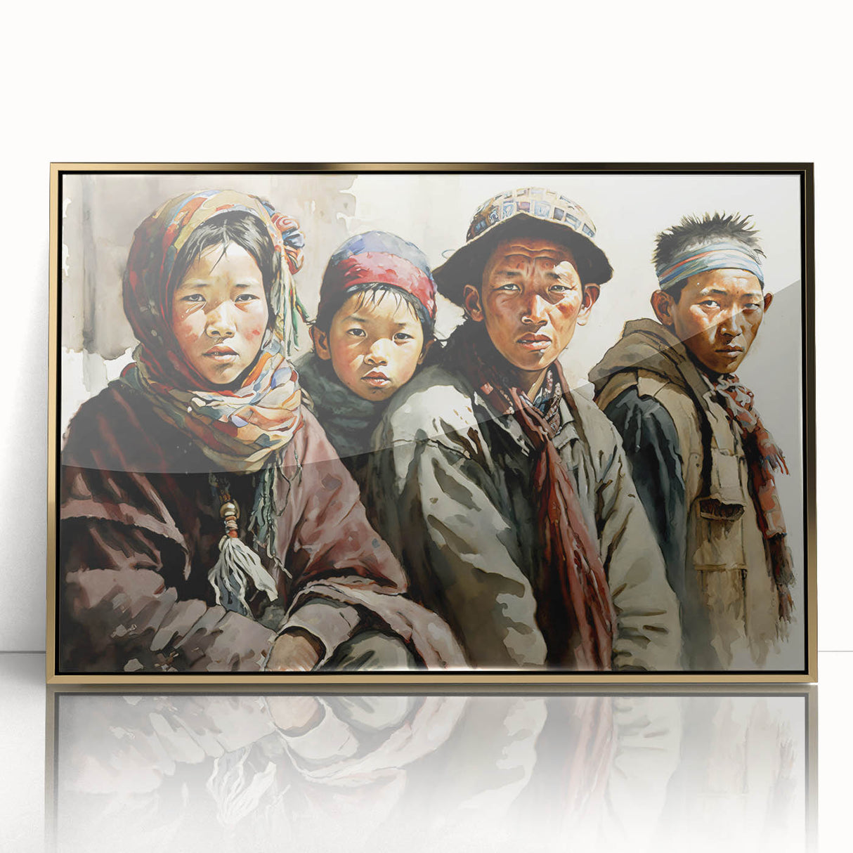 Large art print of a Tibetan landscape in gold and earth tones on framed acrylic, ideal for modern art wall decor.