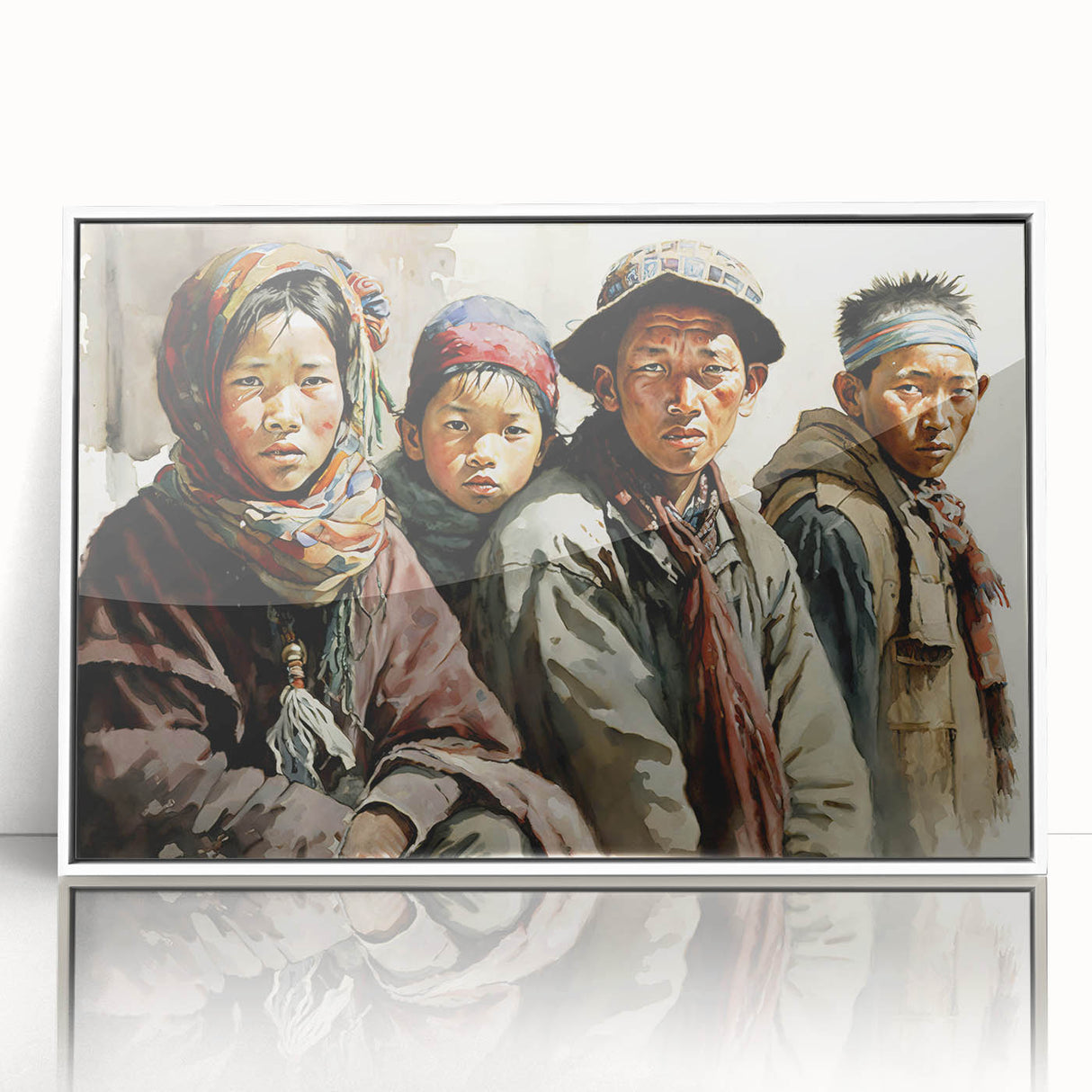 Acrylic print of Tibetan landscape in muted earth tones, framed in white, suitable for modern art wall decor or nursery.