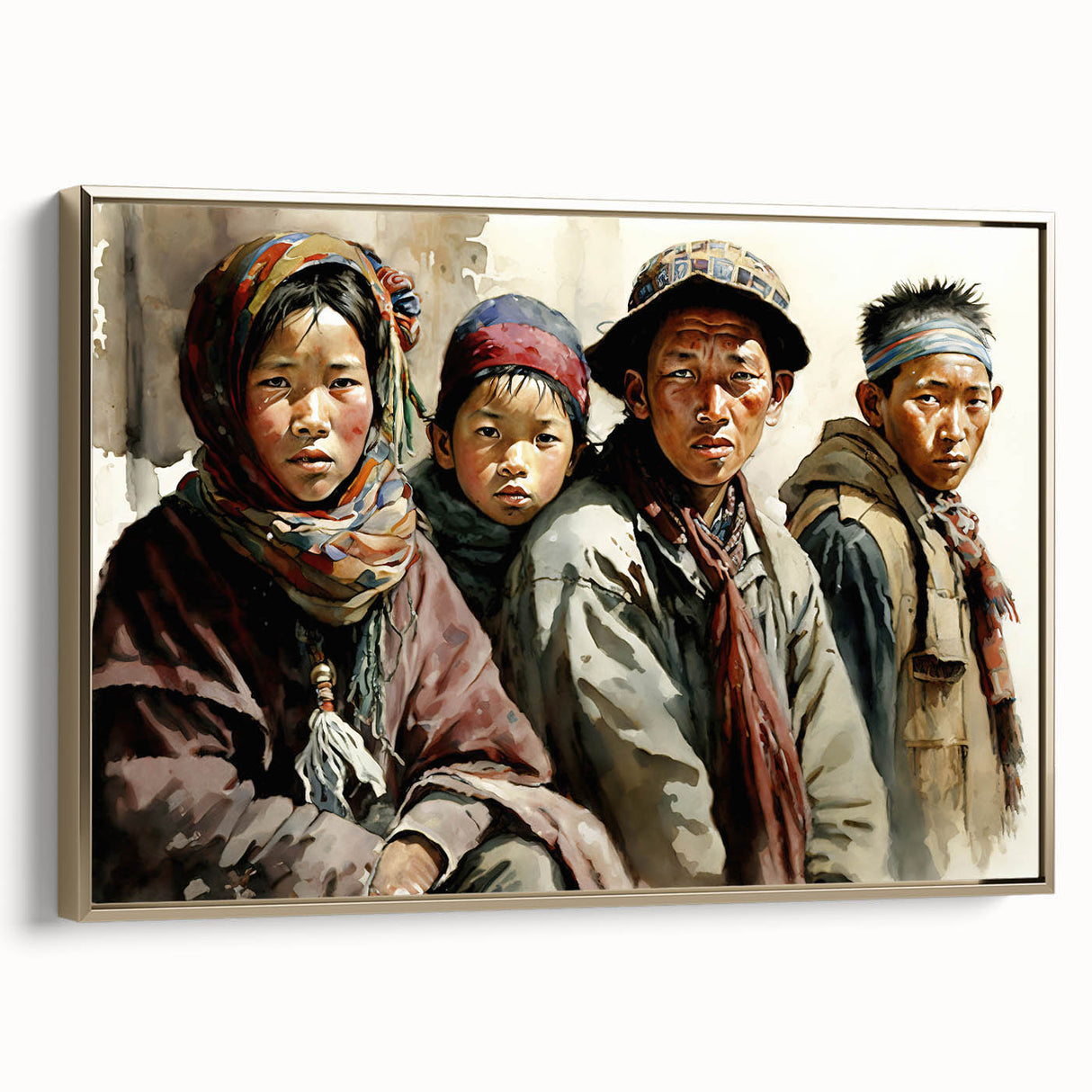 Framed canvas featuring a vintage-style landscape of Tibet with muted gold and black tones, ideal for bedroom wall art.
