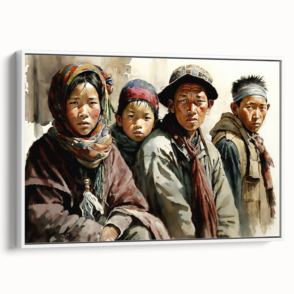 Vintage poster art of Tibet scenery on extra large framed canvas with colorful art on black background.