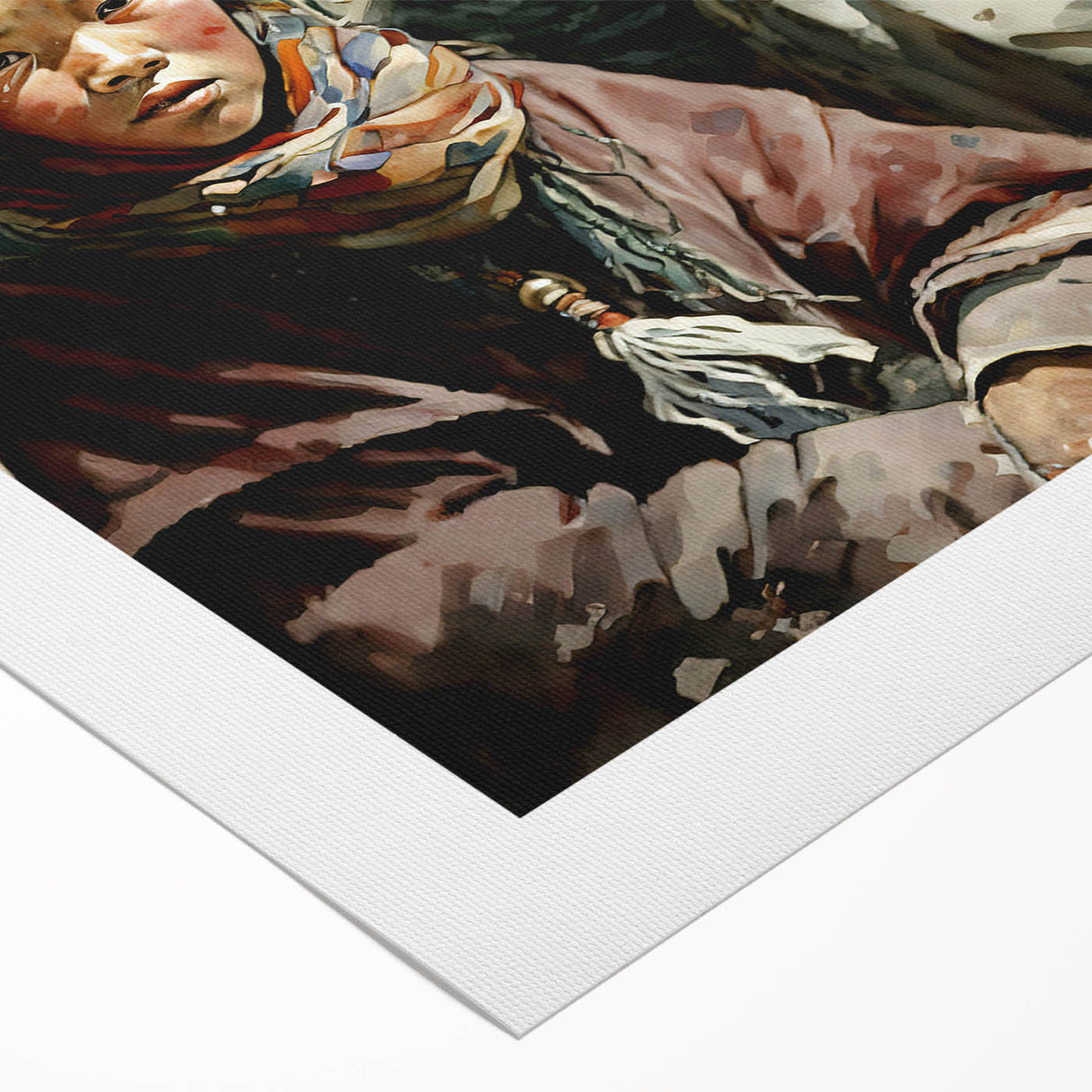 Art deco poster of a Tibetan landscape in muted blue and green tones on rolled canvas, suitable for dining room decor.