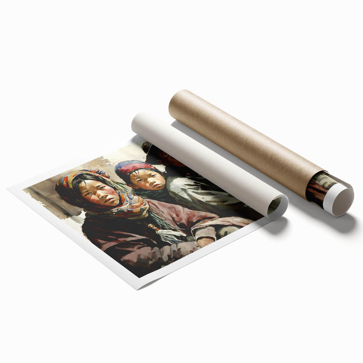 Extra large rolled print of a serene Tibetan landscape in muted green and blue tones, ideal for classy bathroom wall art.