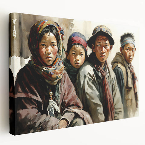 Large stretched canvas depicting a serene Tibetan landscape in soft earth tones, ideal for kitchen wall art.