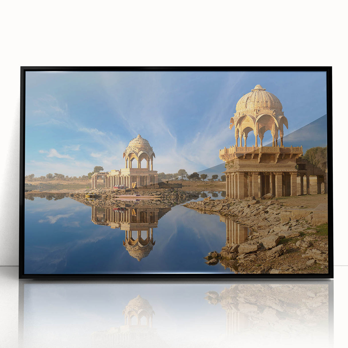 Large abstract wall art depicting a stylized Indian landscape in muted earth tones, framed in black acrylic.