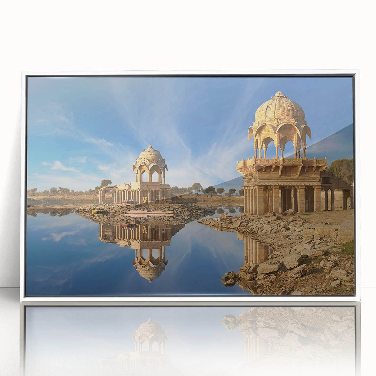 Acrylic print of a serene Indian landscape in muted earth tones, framed in white, suitable for modern art wall decor.