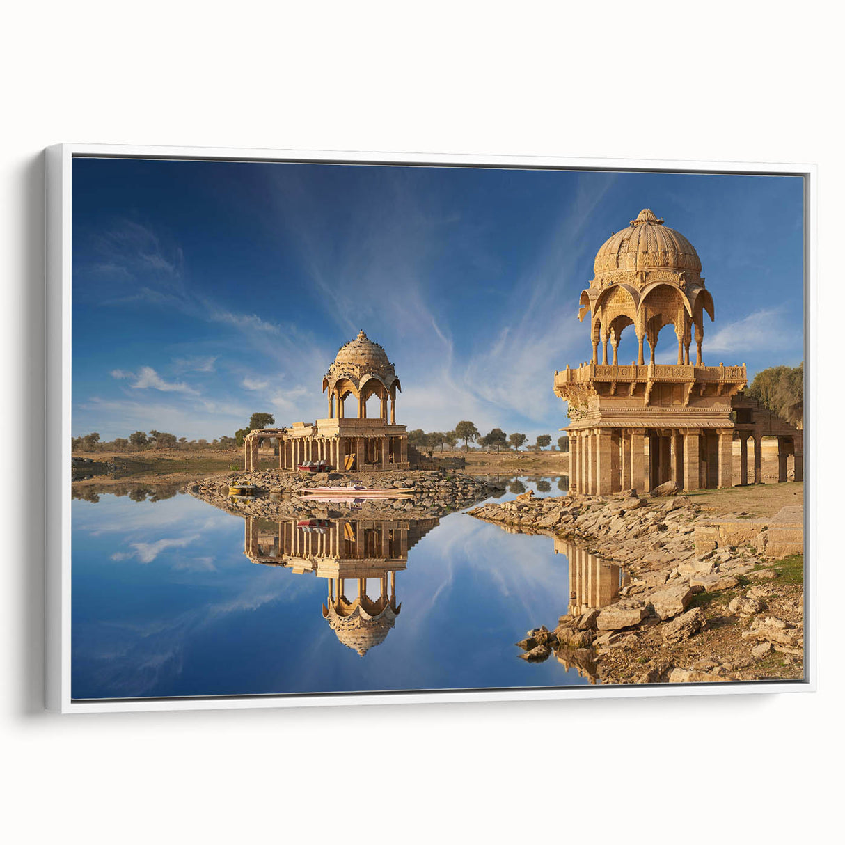 Vintage poster art of a colorful Indian scenery on an extra-large framed canvas, ideal for living room decor.