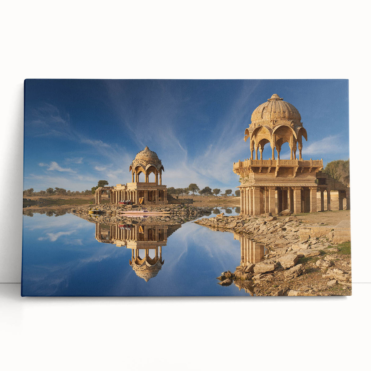 Black and white stretched canvas depicting a serene Indian landscape, ideal for kitchen wall art or bedroom decor.