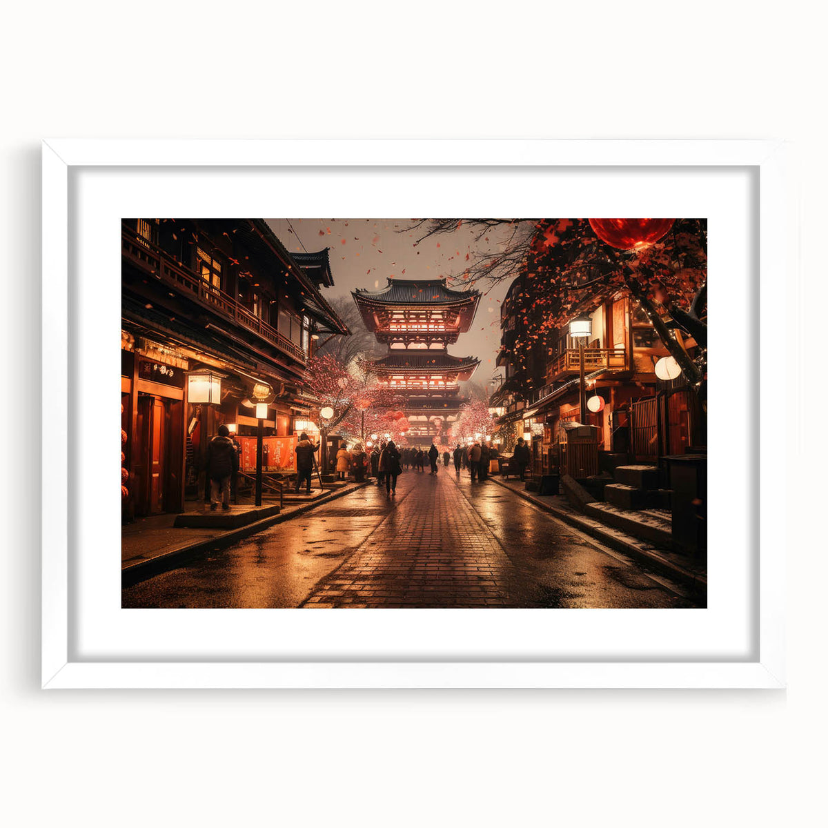 Abstract art print of a Kyoto scenery in muted earth tones on a framed white mat, ideal for dining room decor.