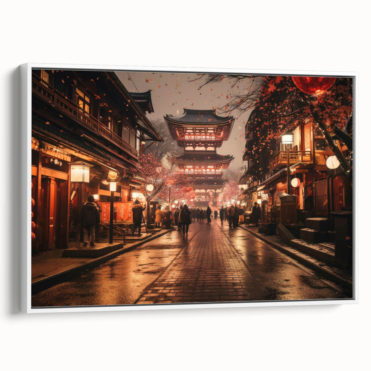 Vintage poster art of Kyoto scenery on framed canvas, featuring colorful elements on a black background.