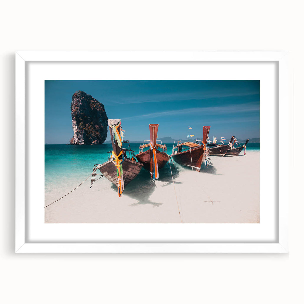 Abstract art print of a serene Thai landscape in muted green and blue tones, framed with a white mat.