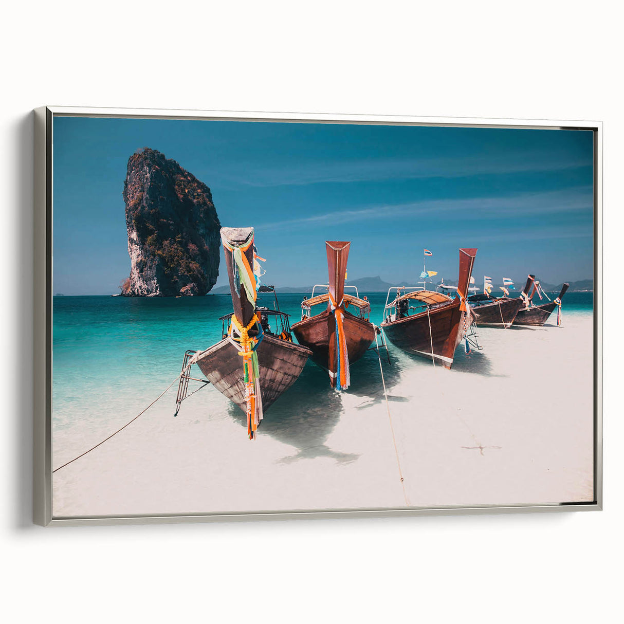 Landscape art painting of a Thai scenery on framed canvas, featuring muted earth tones with vibrant color accents.