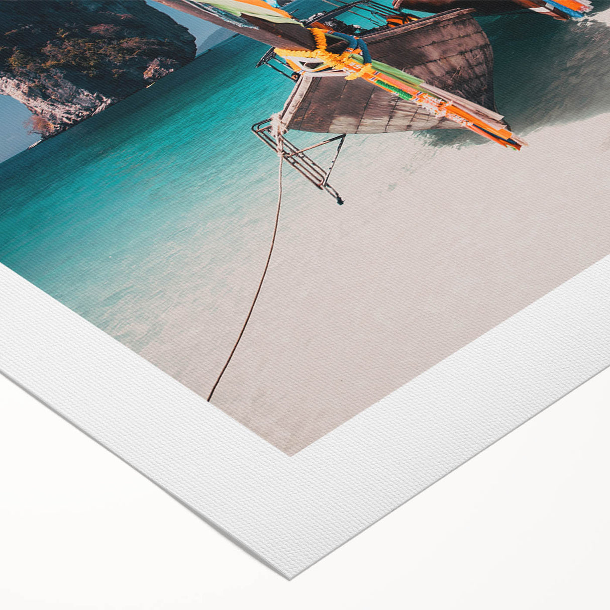 Art deco poster depicting a serene Thai landscape in muted green and blue tones, on rolled canvas.