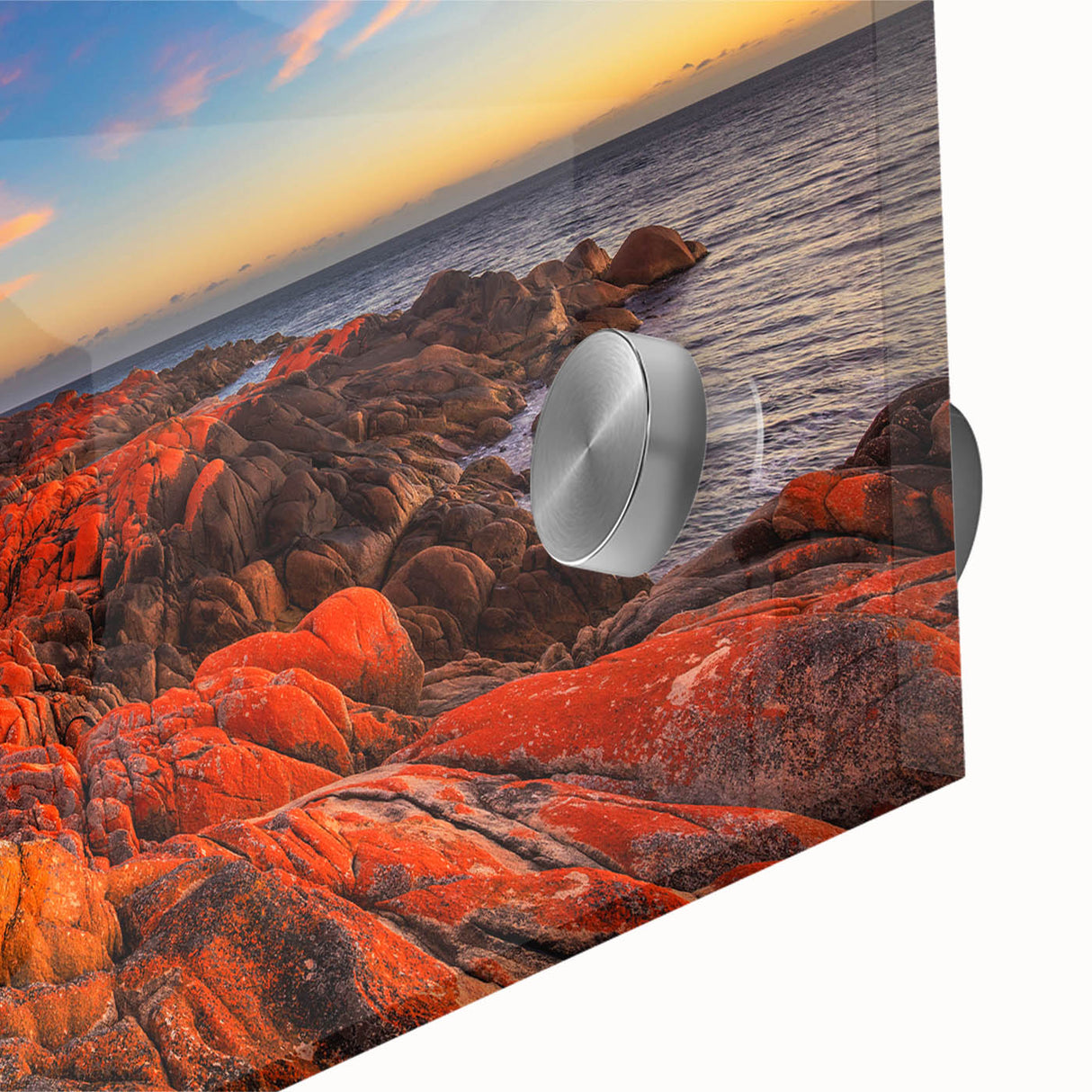 Large abstract wall art depicting Tasmania scenery in muted earth tones on acrylic glass, suitable for dining room ambiance.