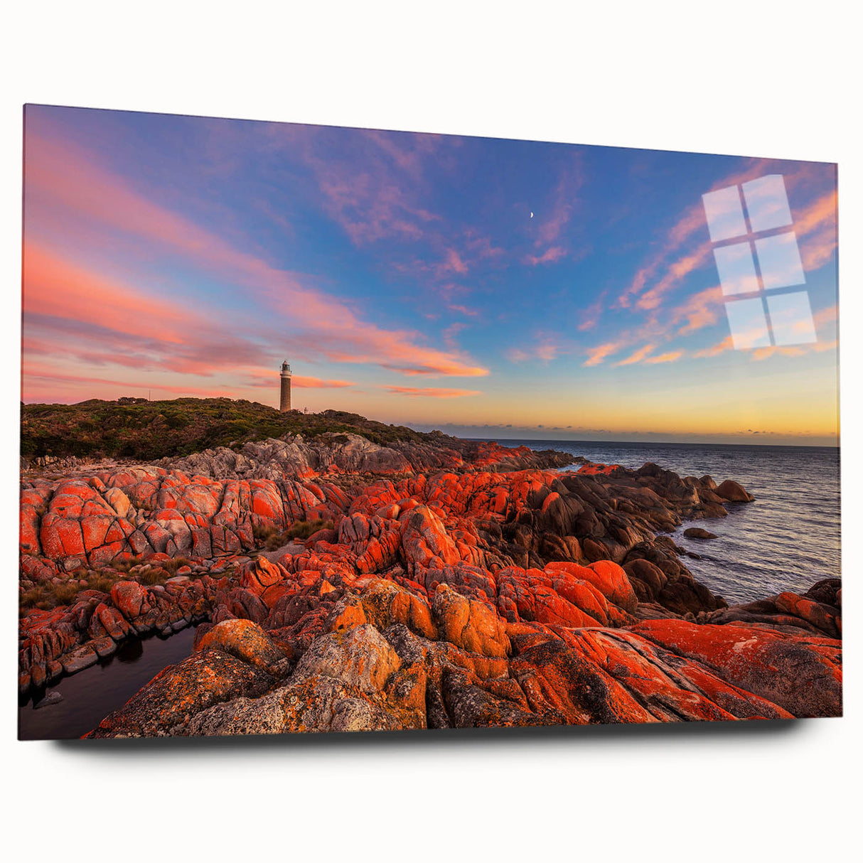 Large abstract wall art depicting Tasmania scenery in muted earth tones on acrylic glass.