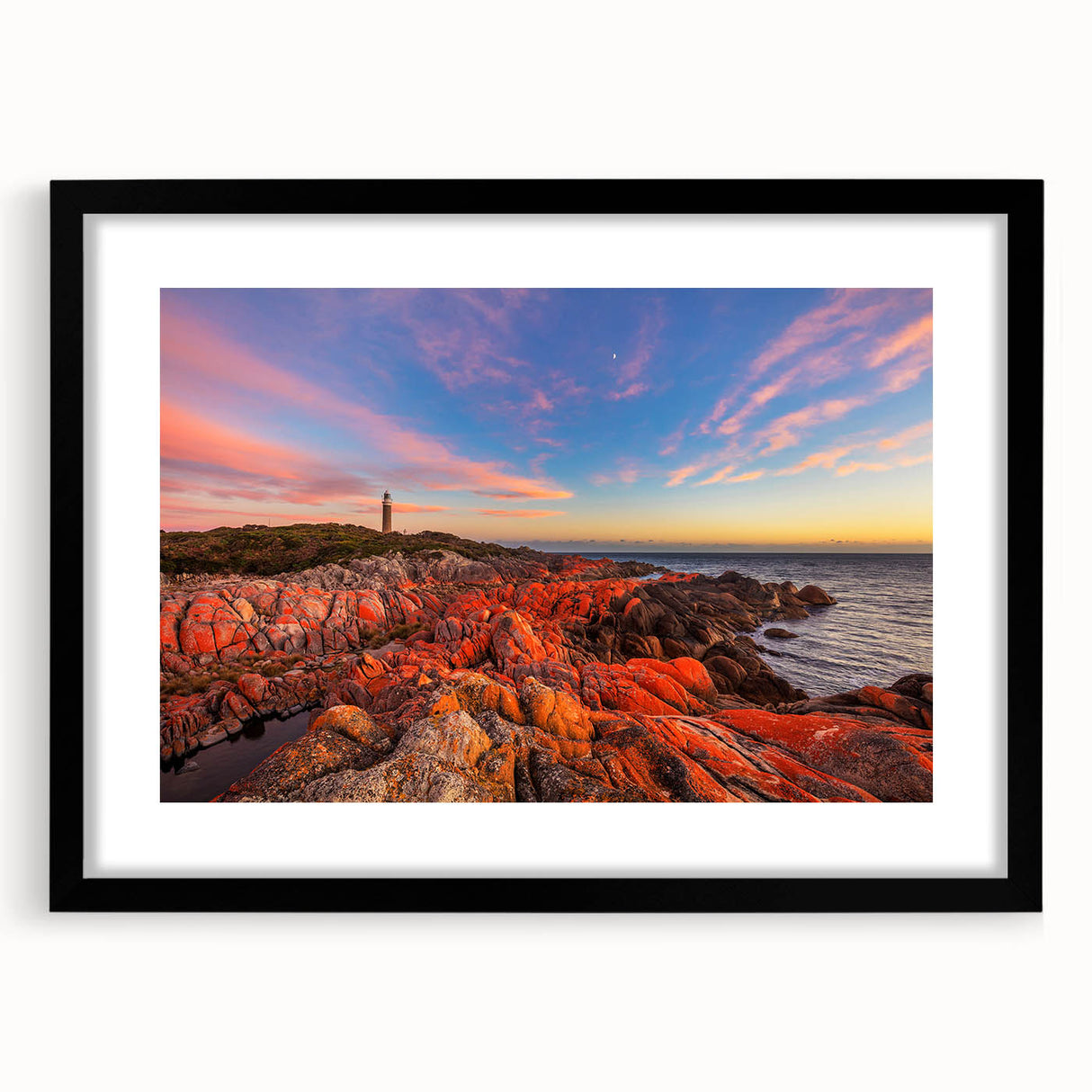 Abstract art print of colorful, textured scenery in Tasmania on a large black-framed canvas, ideal for living room decor.
