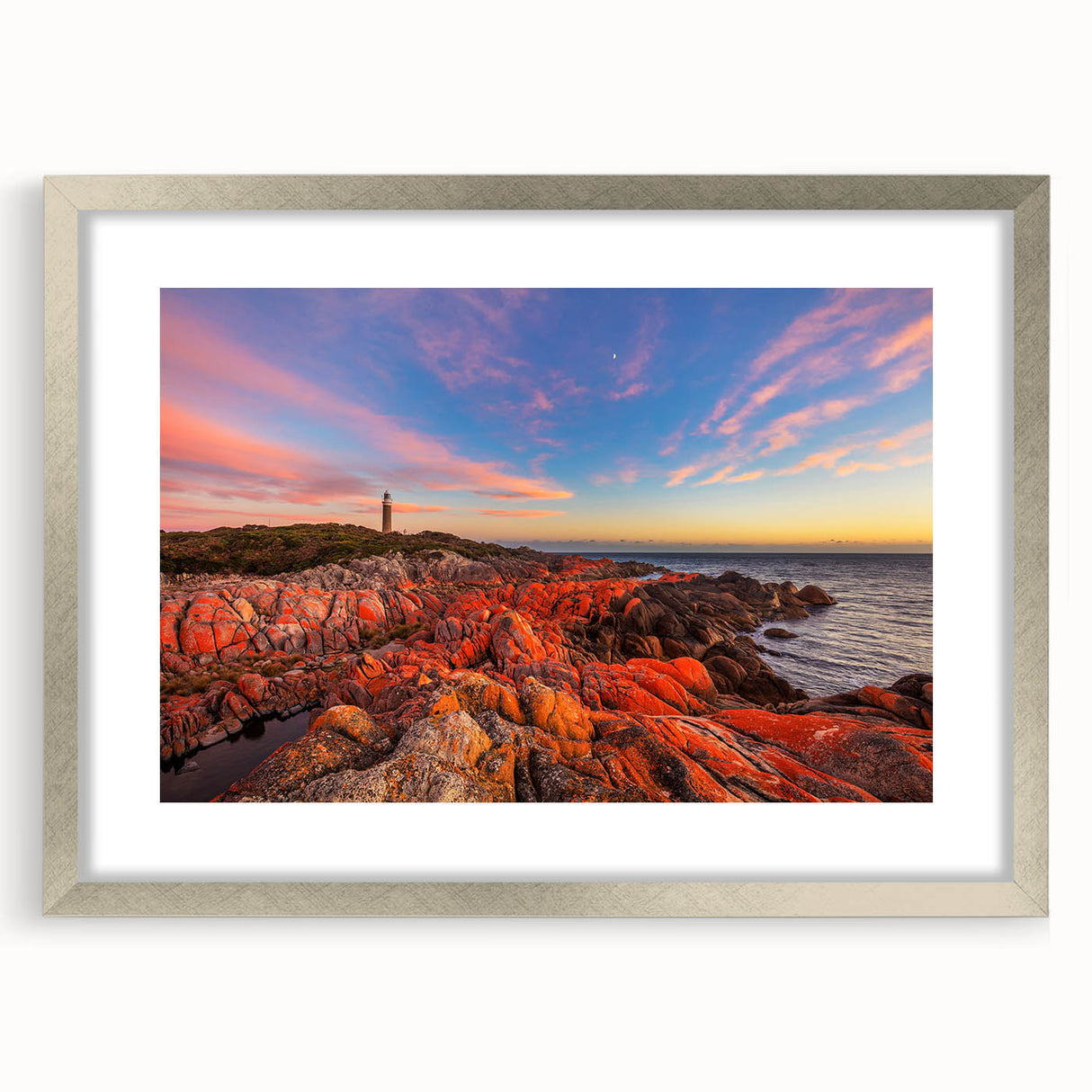 Extra large abstract art print of Tasmania scenery in textured style, silver framed with mat, ideal for living room decor.