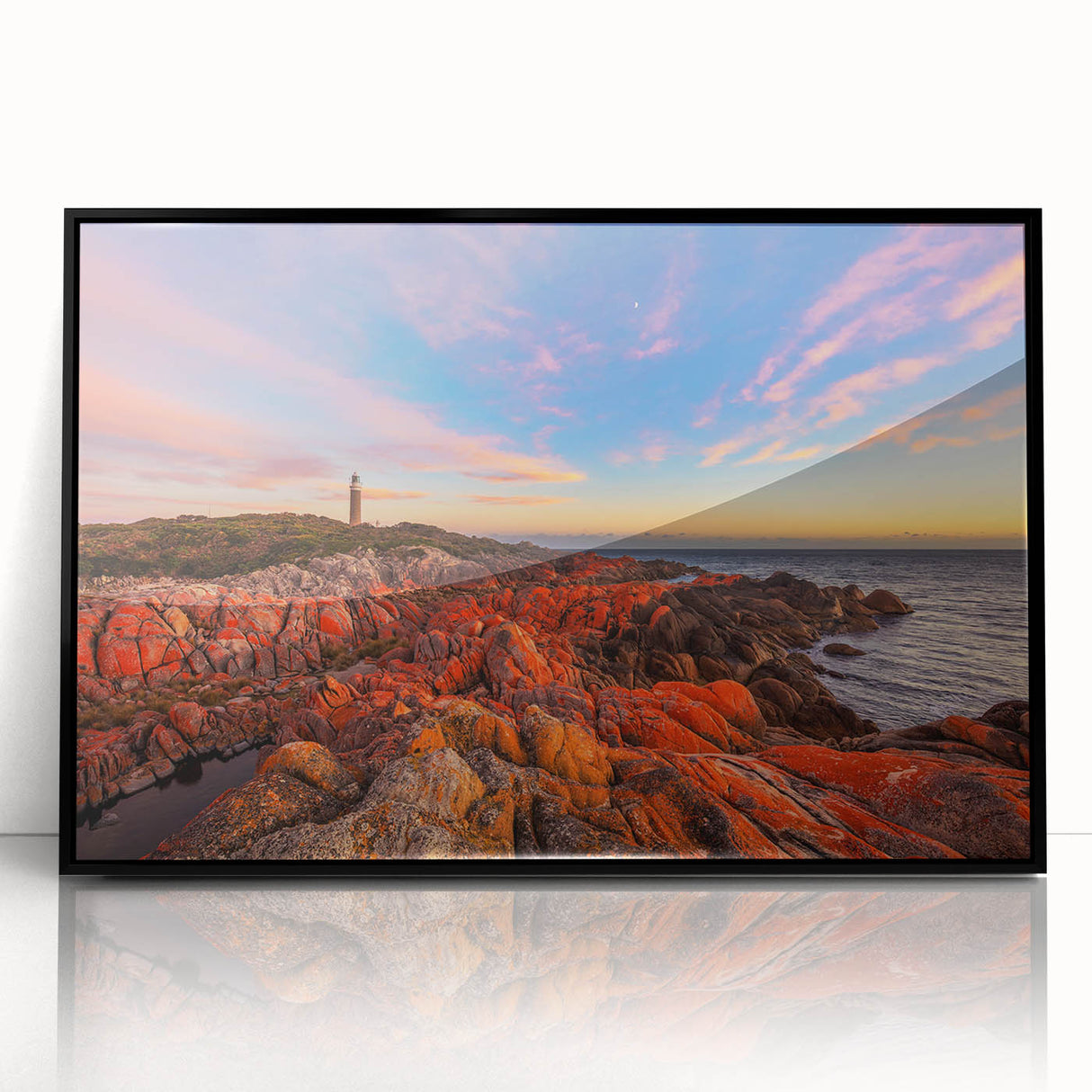 Large abstract wall art depicting a Tasmanian landscape in muted earth tones, framed in black acrylic.