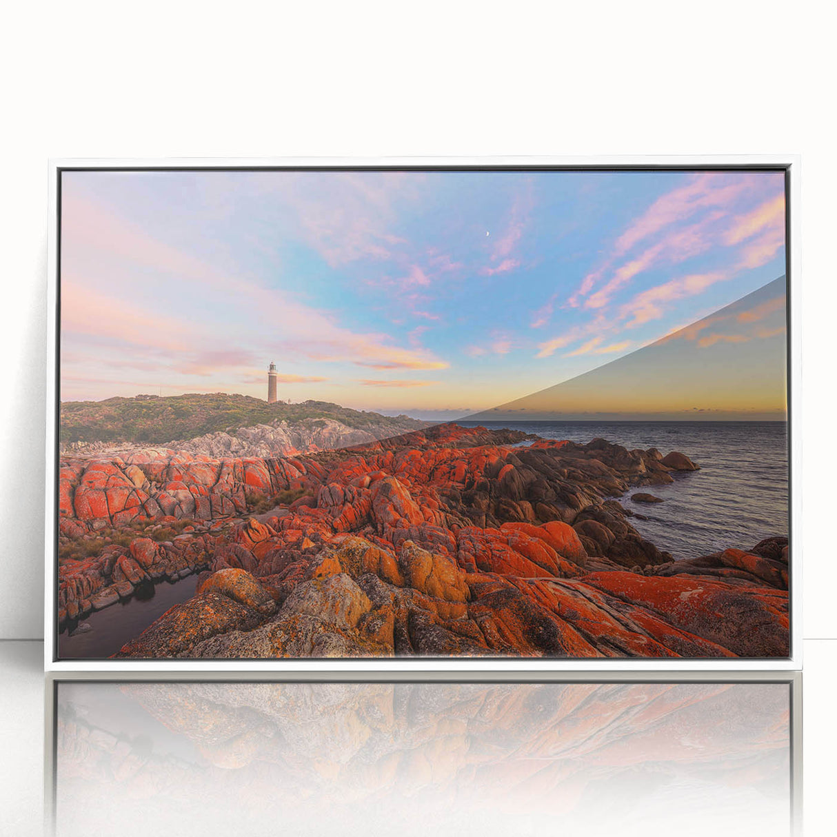 Mid-century modernist art depicting Tasmania scenery in muted earth tones on a white-framed acrylic print.