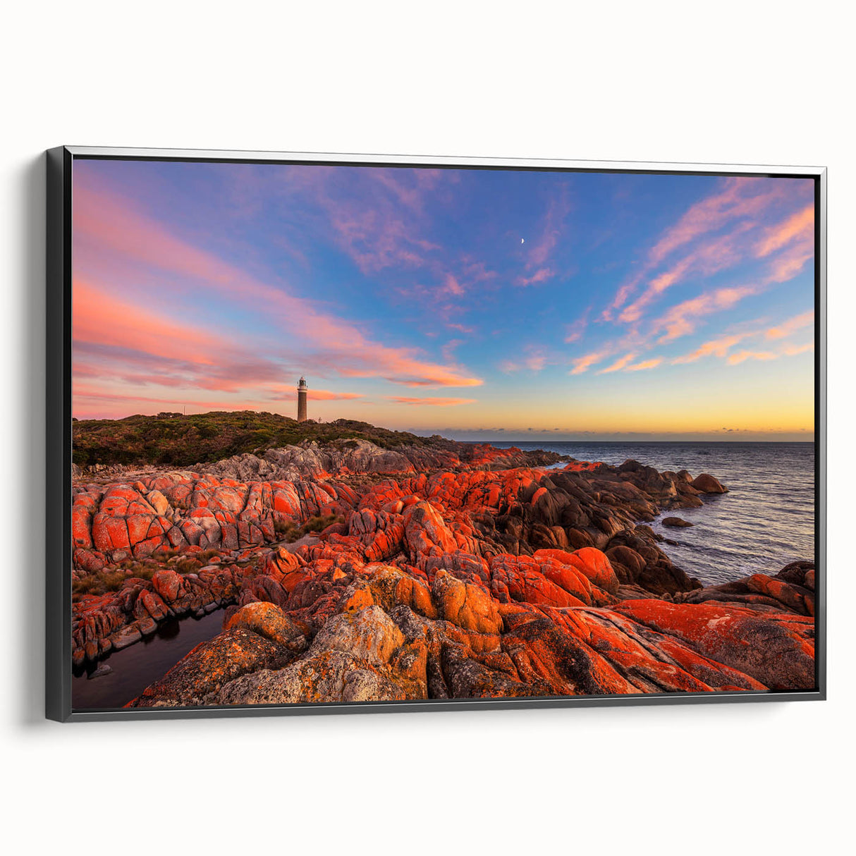 Black and white landscape art of Tasmania on framed canvas, ideal for bedroom wall decor.