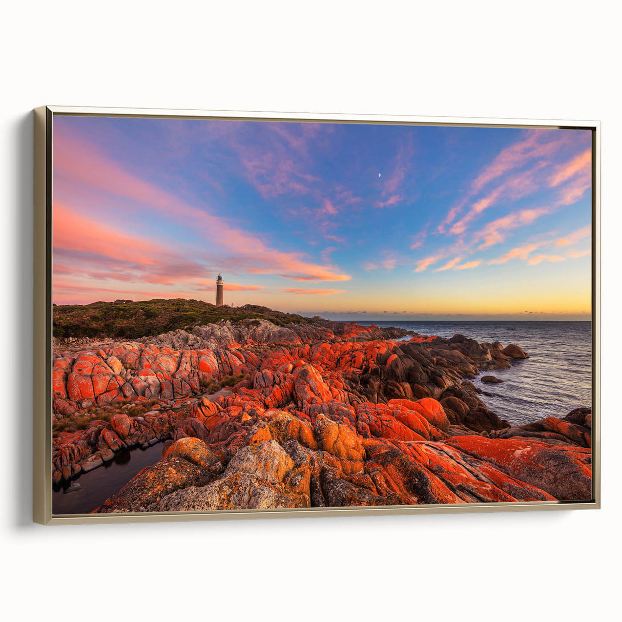 Framed canvas featuring a vintage-style landscape painting of Tasmania in black and gold tones, ideal for bedroom wall art.