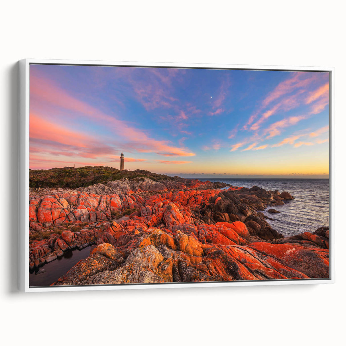 Vintage poster art of Tasmania scenery on framed canvas, featuring vibrant colors, ideal for living room decor.