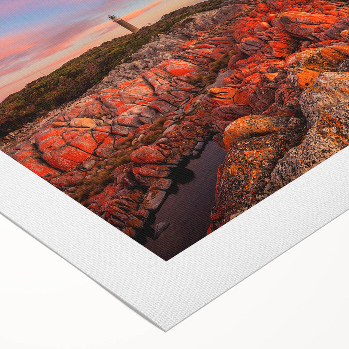 Art deco poster of Tasmania scenery in muted earth tones on rolled canvas, suitable for dining room wall art.