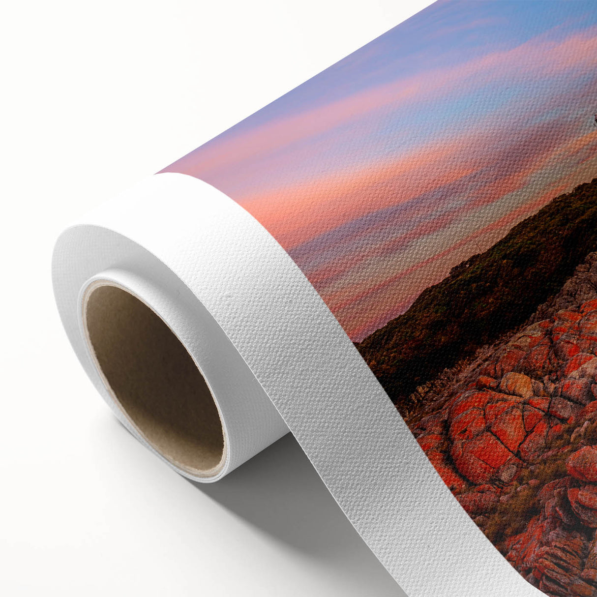 Art Deco style poster of Tasmania scenery in pastel shades on rolled canvas, ideal for nursery wall art.