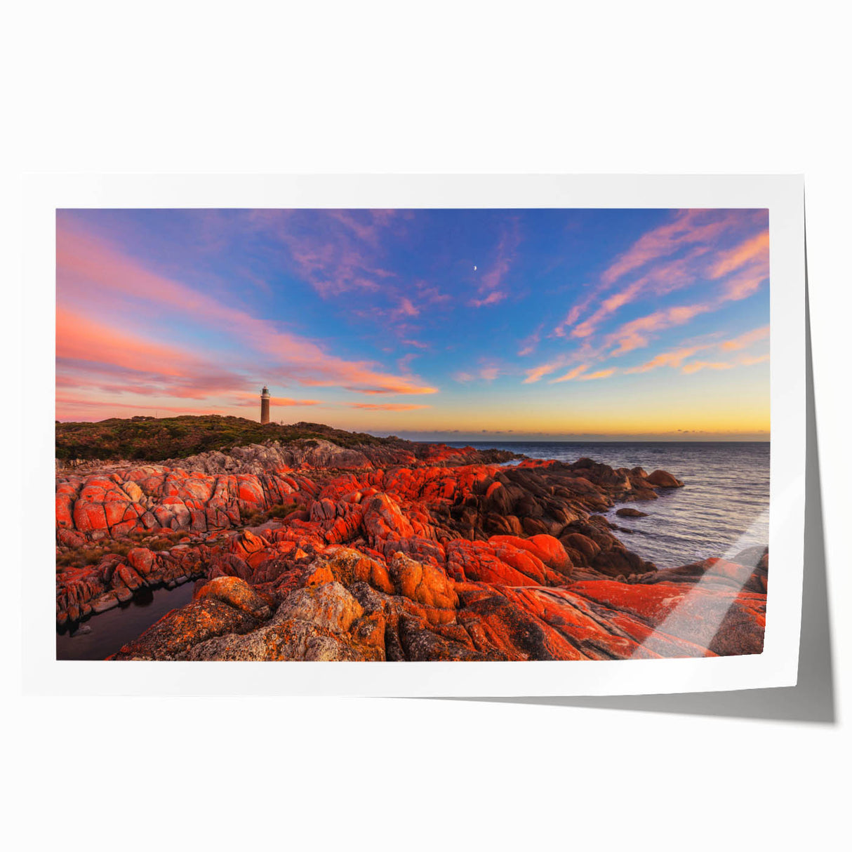 Scenic Tasmania landscape on a rolled print, featuring vibrant green and blue tones, ideal for art wall dining room.